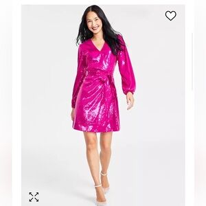Hot Pink Sequin Dazzling Wrap Dress (Halloween Costume Idea) 70s 80s